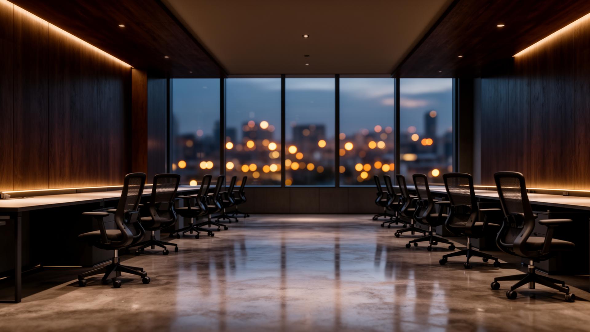Modern commercial office interior with installed workstations
